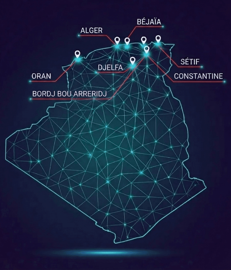 Carte numérique de l'Algérie avec nœuds interconnectés représentant la souveraineté du réseau