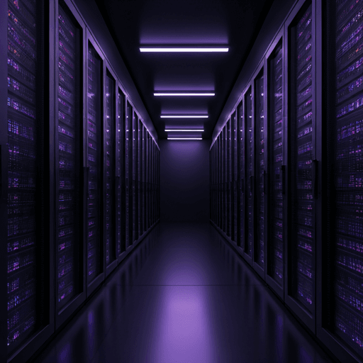 Couloir de datacenter futuriste avec éclairage néon violet et bleu sur baies de serveurs